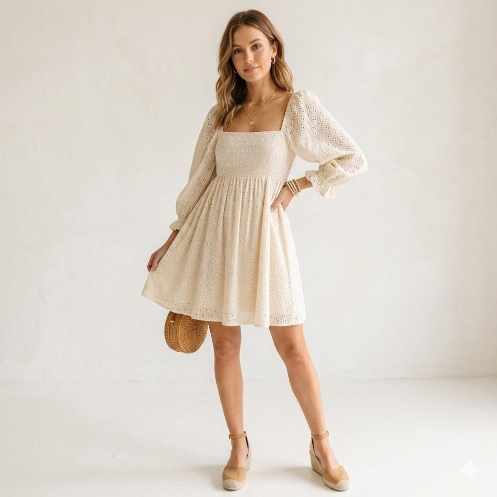 Storia Cream Eyelet Lace Puff Sleeve Mini Dress Size S
